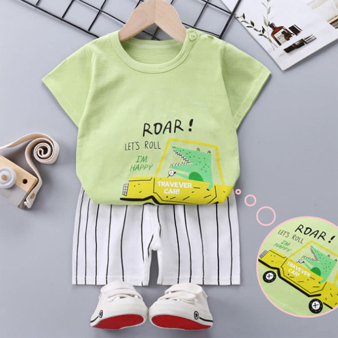 Fashionable Blue and White Striped Baby Romper with Matching Cap and Shoes Set