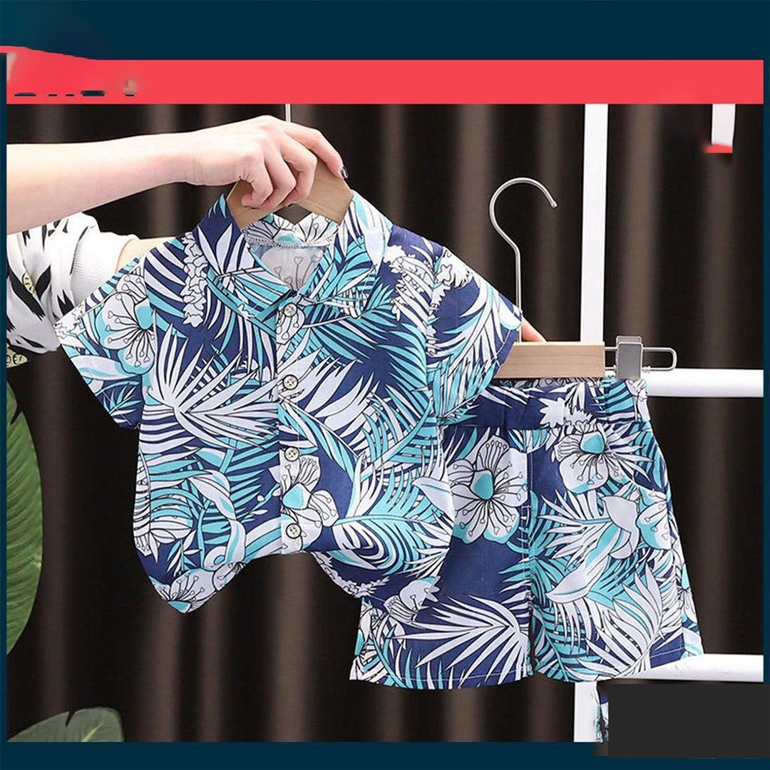 Hawaiian-Inspired Men's Tropical Short Set, Blue and White Printed Shirt and Shorts