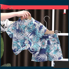 Hawaiian-Inspired Men's Tropical Short Set, Blue and White Printed Shirt and Shorts