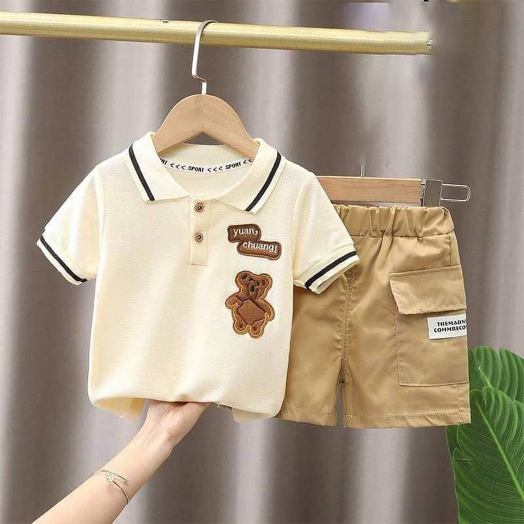 Summer Boys Collection - Beige and Brown Polo Shirt with Cute Bear Logo and Khaki Shorts, Set of