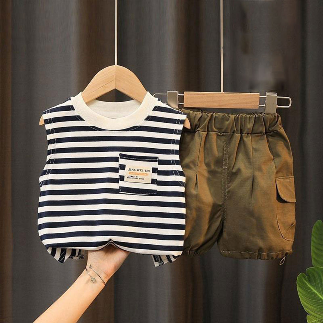 Men's Summer Shorts Set - Striped Shirt and Baggy Olive Joggers