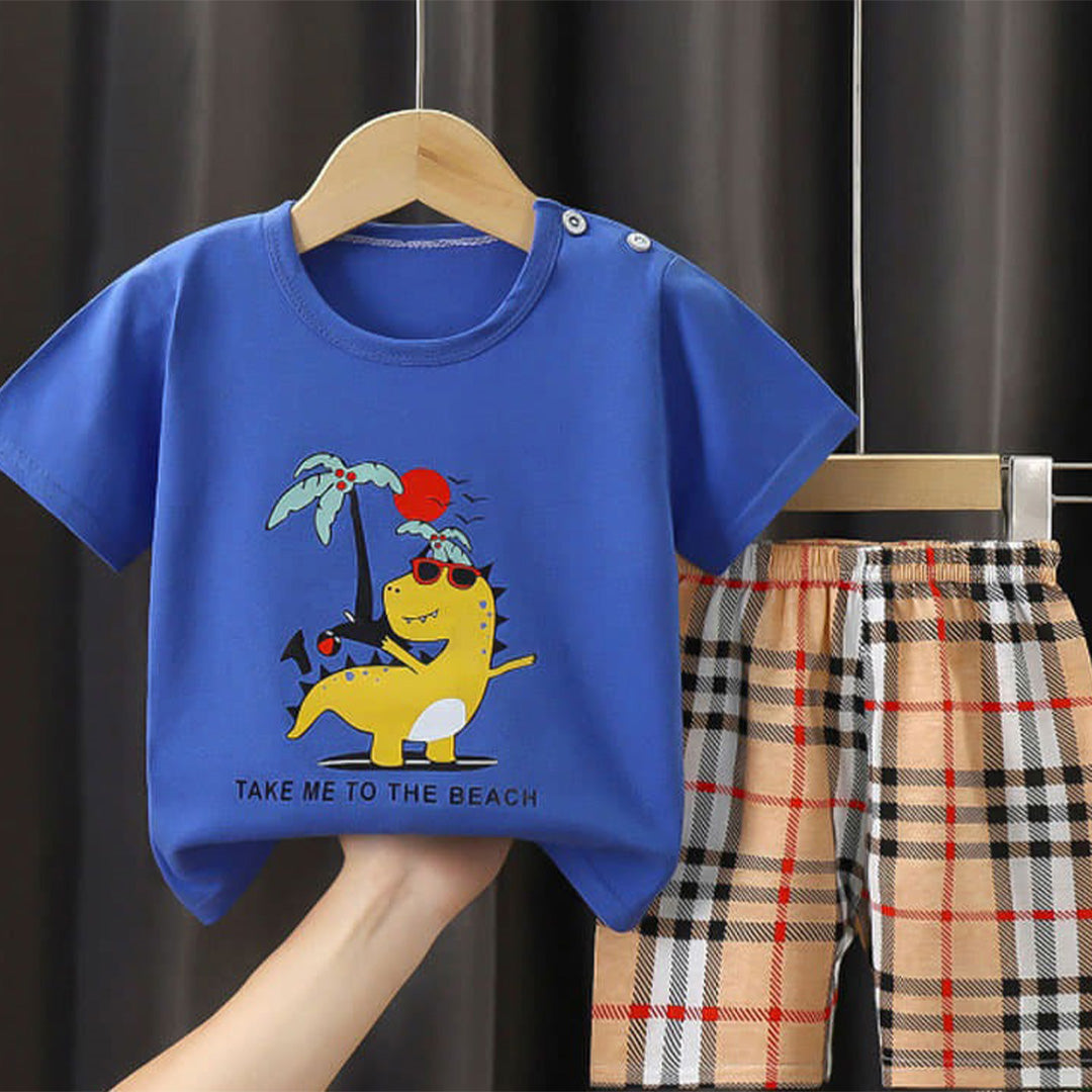 Kids Beach Towel Sets: Blue and Plaid Shorts with Funny Character Design