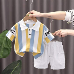 Yellow and Blue Children's Short Sleeve Shirt and Shorts Set with White Lettering.