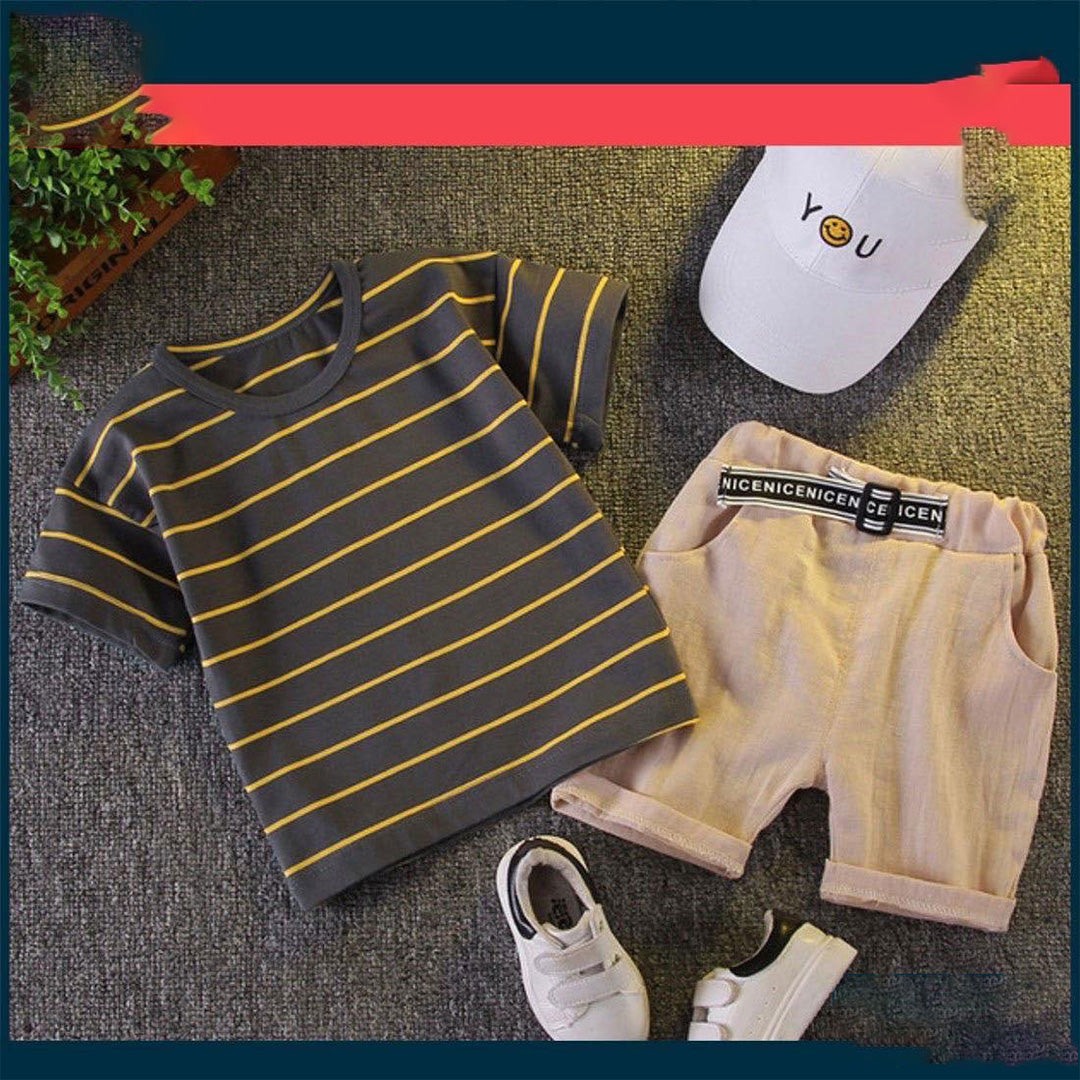Fashionable Striped T-shirt with Cute Shorts Set, Kids' Summer Outfit Set (Cotton, Yellow and Gray Stripes)