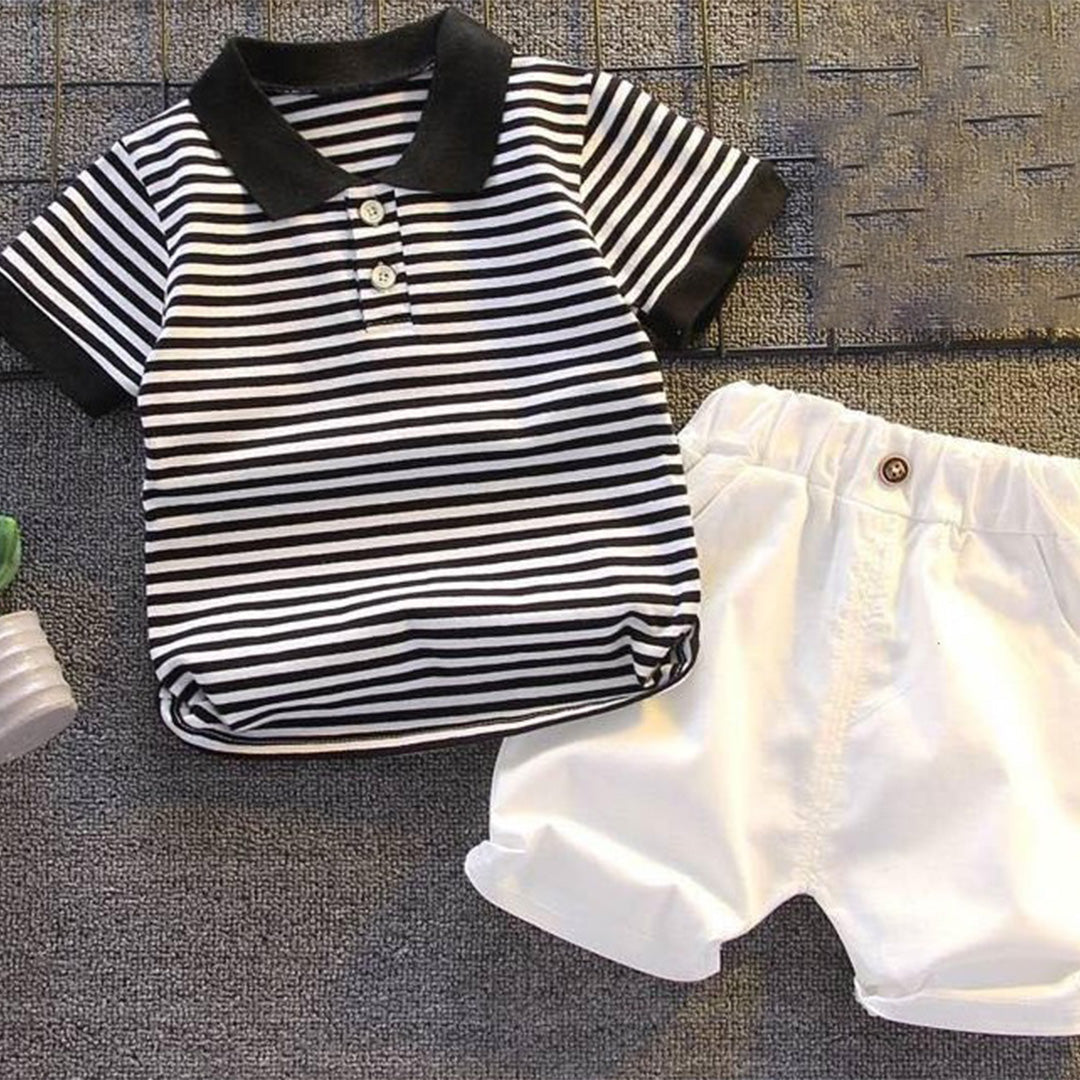 Black & White Striped Baby Romper Set with Polo Shirt and Shorts