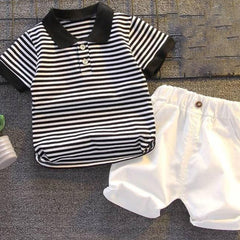 Black & White Striped Baby Romper Set with Polo Shirt and Shorts