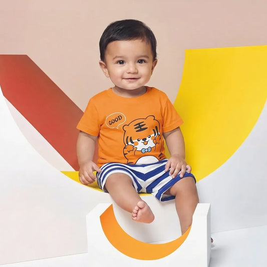 Orange Cat Shirt with Red and Blue Striped Shorts