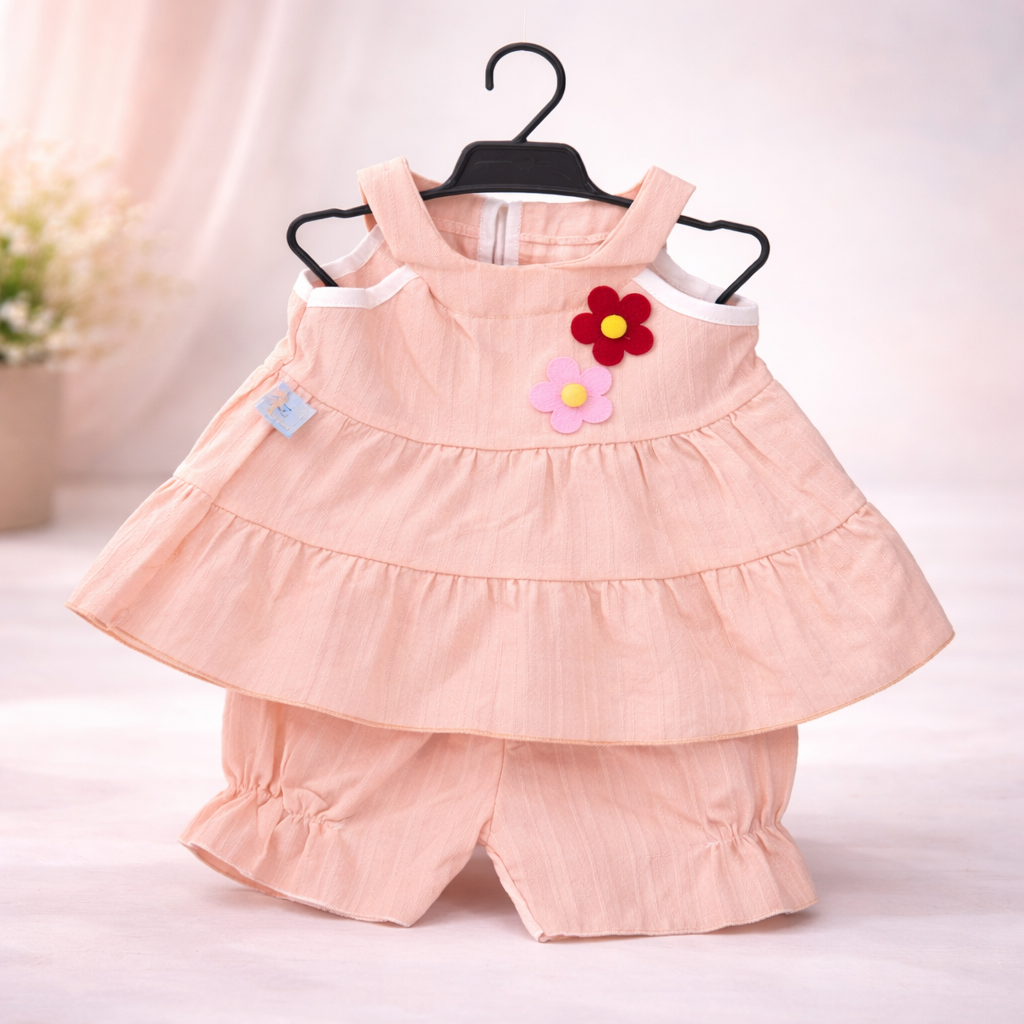 Peach Ruffled Romper with Flower Applique - Adorable Toddler Outfit