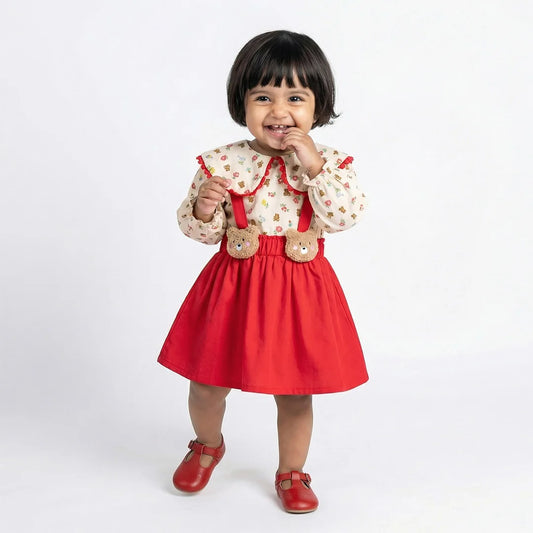 Red Ruffled Baby Shirt with Teddy Bear Bow and Bib