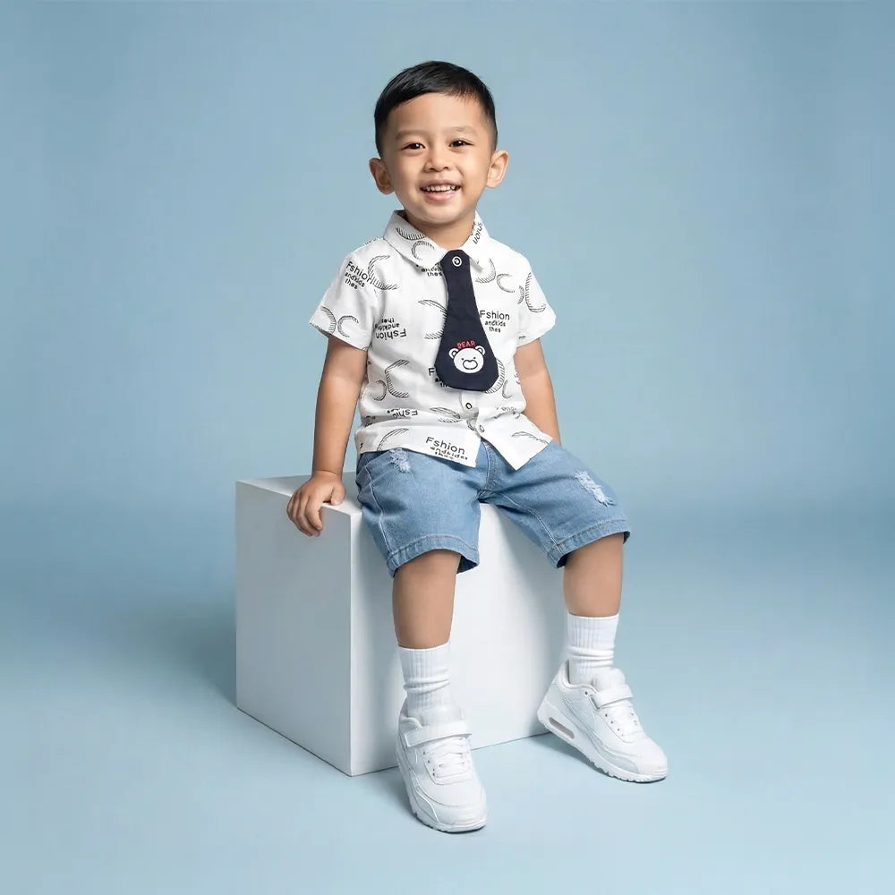 Short Sleeve Baby Vest with Cute Monkey Graphic and Denim Shorts Set