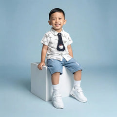 Short Sleeve Baby Vest with Cute Monkey Graphic and Denim Shorts Set