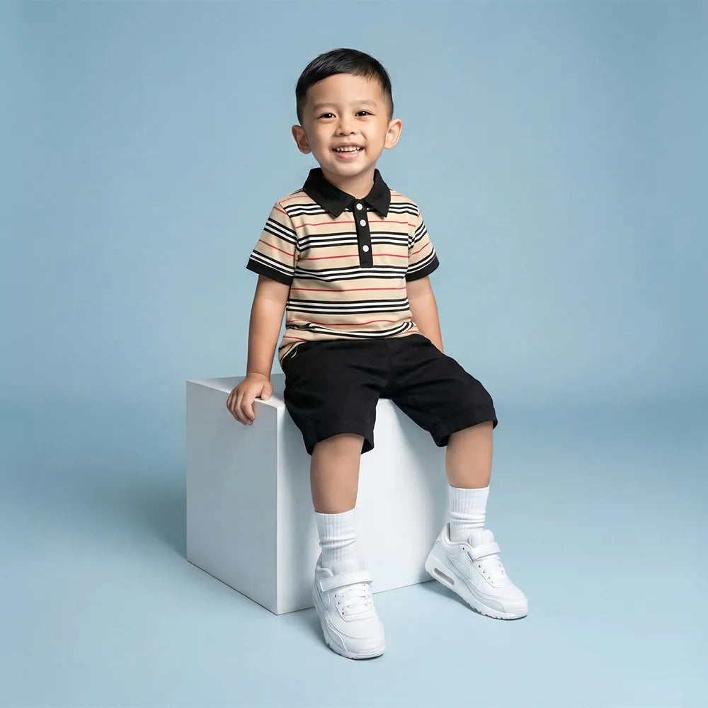 Striped Short Sleeve Polo Shirt with Cuffed Pants & Teddy Bear - Kids Summer Outfit