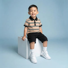 Striped Short Sleeve Polo Shirt with Cuffed Pants & Teddy Bear - Kids Summer Outfit