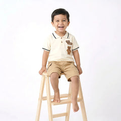 Summer Boys Collection - Beige and Brown Polo Shirt with Cute Bear Logo and Khaki Shorts, Set of