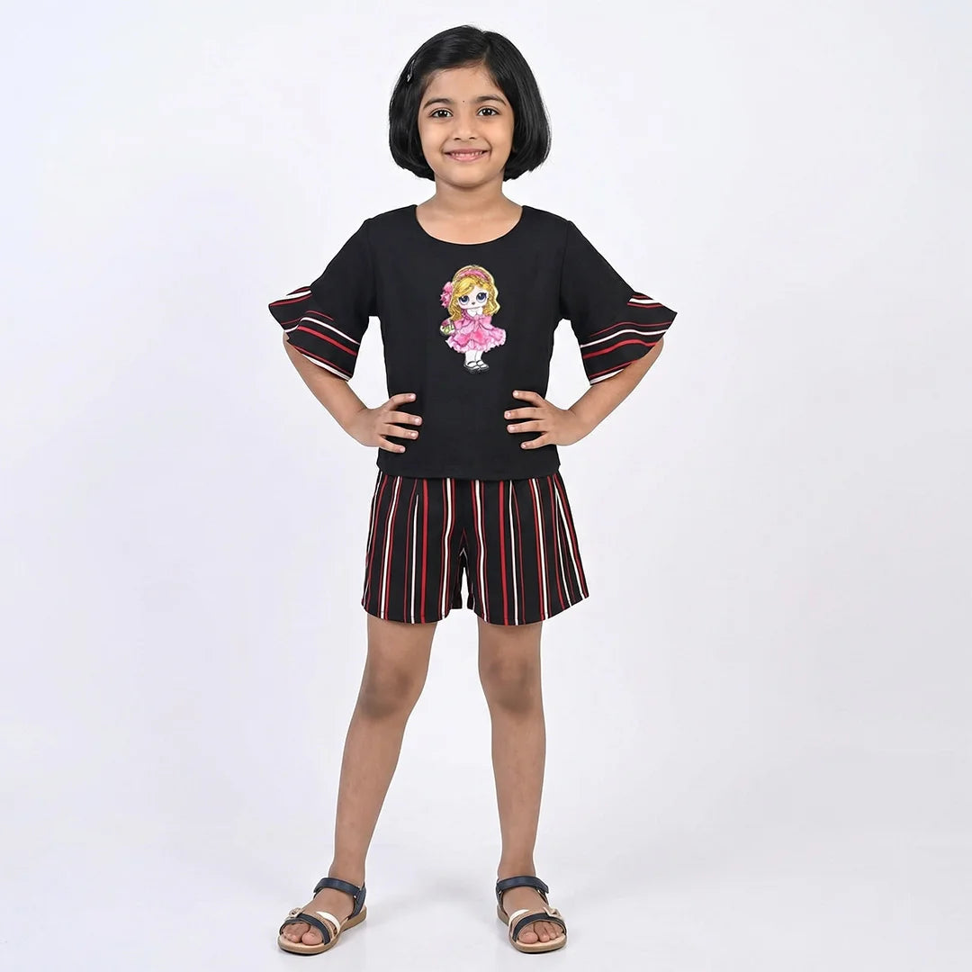 Vintage Black Embroidered Shirt with Red Sleeve Detail - Girls Fashion