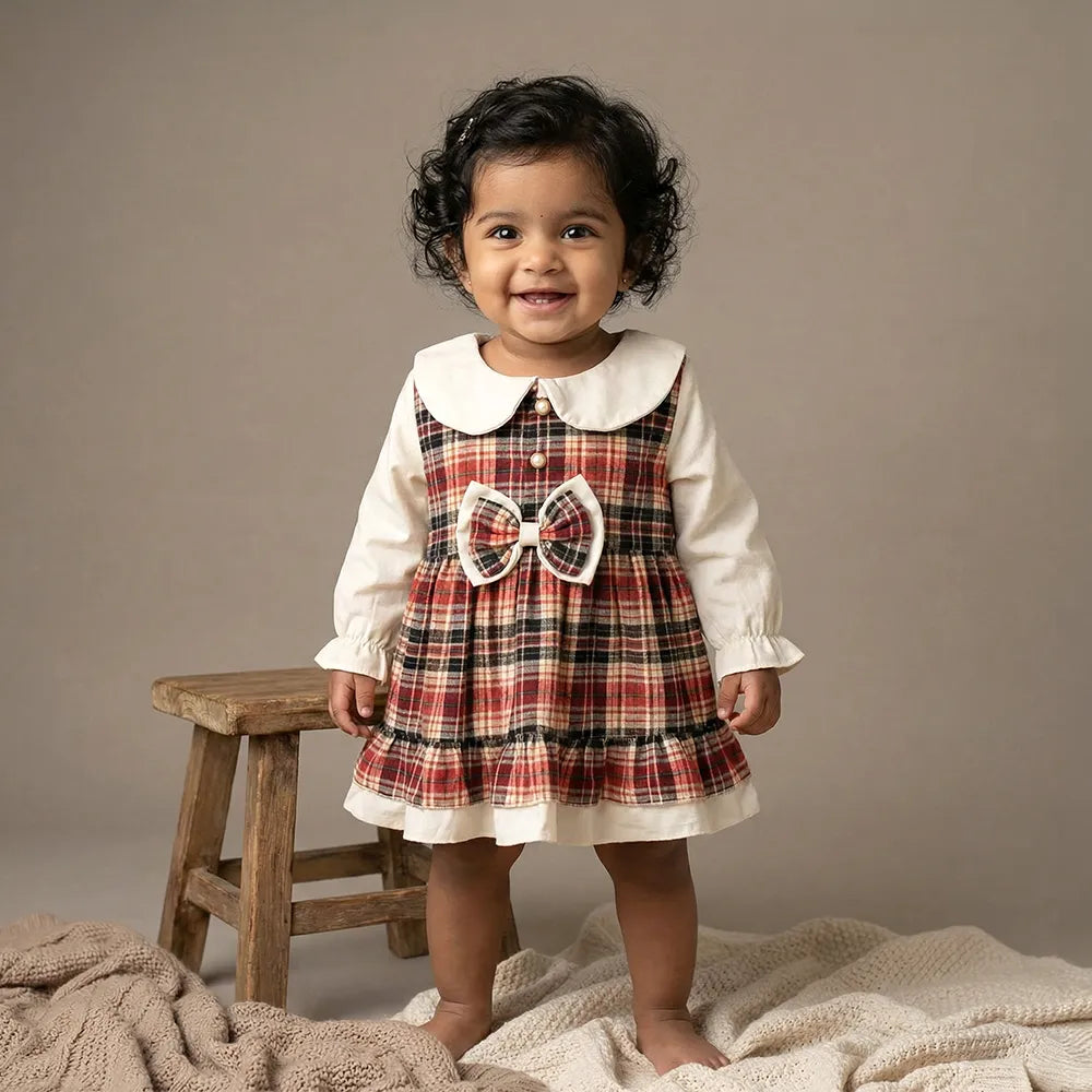 Vintage Plaid Dress with Bow, Girl's Size 6-8