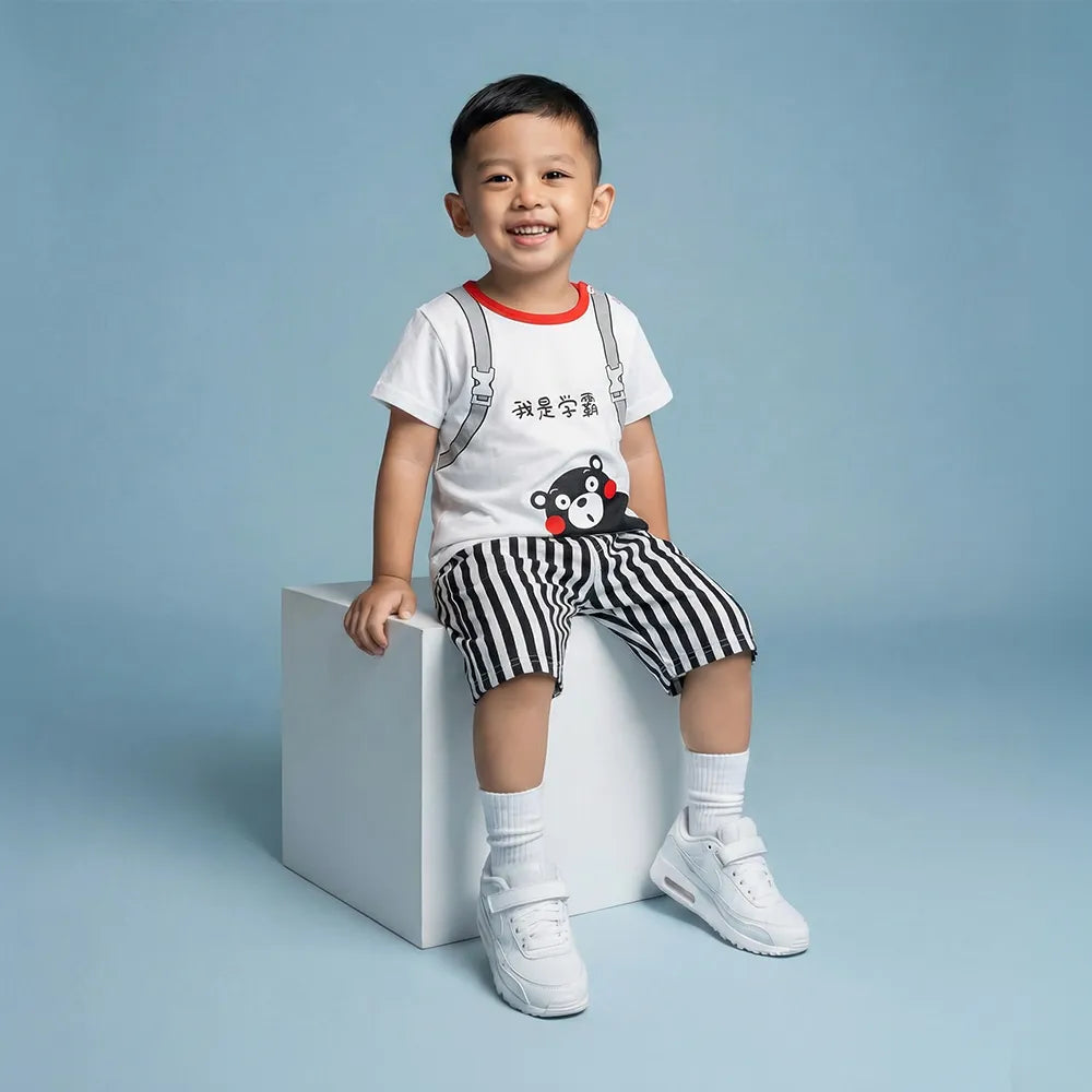 White T-shirt and Black Shorts Set with Animal Logo